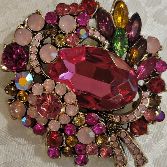 #Vintage Brilliant Floral Brooch Open Back Rhinestone Pinks, AB, Coral, Red - Picture 3 of 7